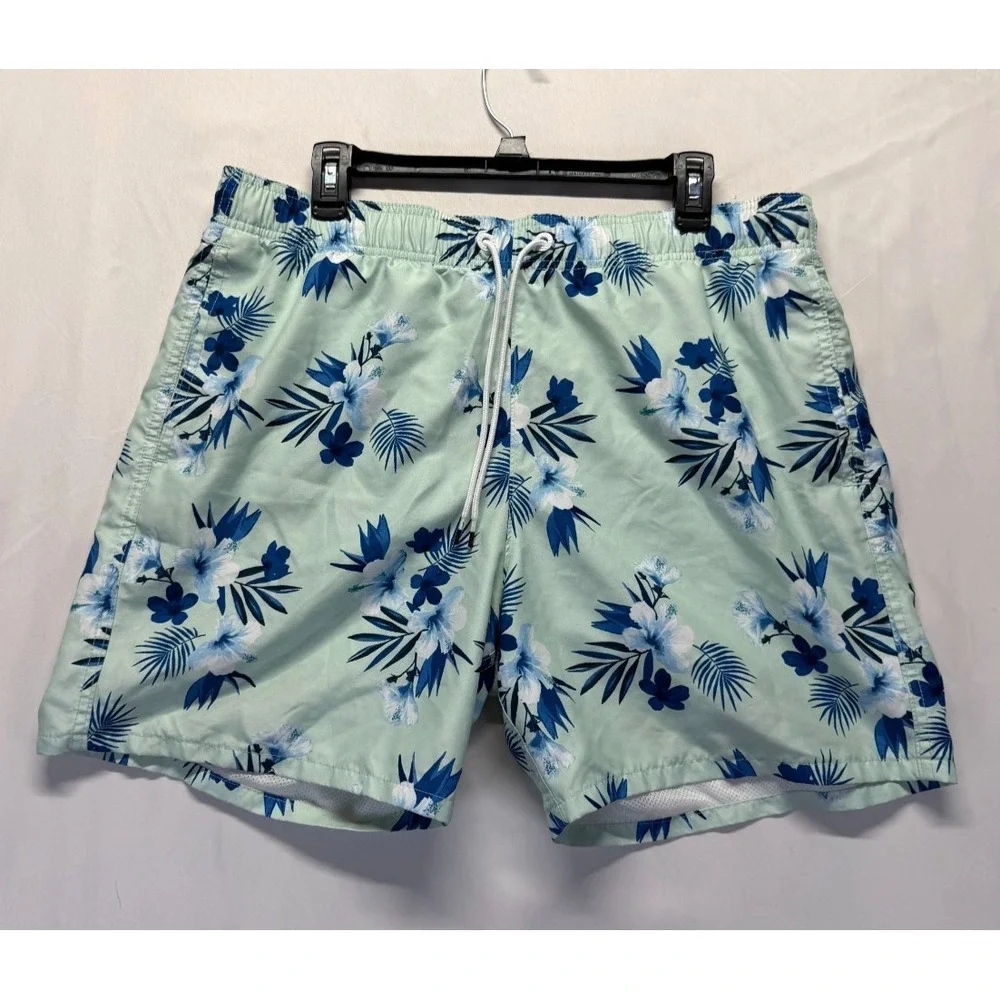 Hollister California Swim Shorts Mens XL‎ Mint Green Floral Palm Tree Drawstring